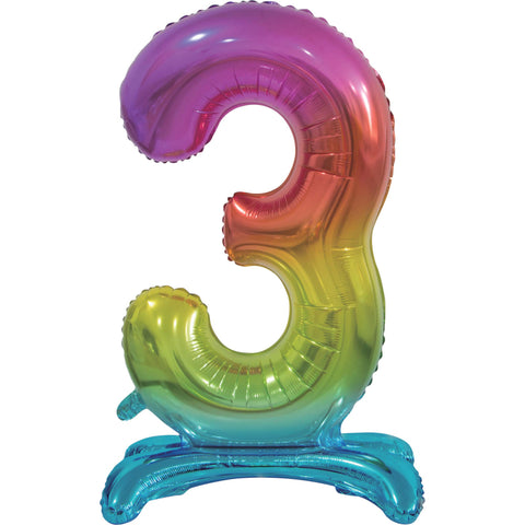 Number 3 Standing Foil Balloon - Rainbow - 76cm - Air Filled