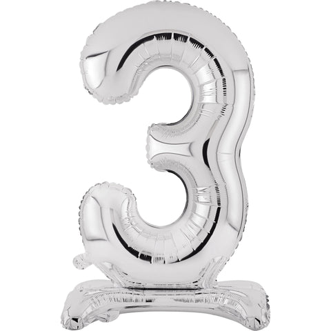 Number 3 Standing Foil Balloon - Silver - 76cm - Air Filled