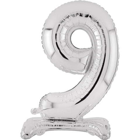 Number 9 Standing Foil Balloon - Silver - 76cm - Air Filled
