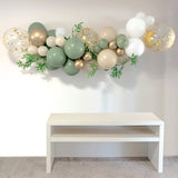 rustic balloon arch garland kit eucalyptus green sand gold and white with table 