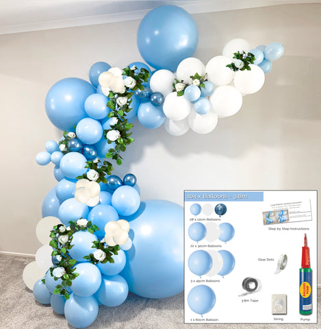 Pastel Blue & White Balloon Garland DIY Kit with flowers Party Plaza