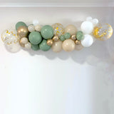 balloon garland arch kit rustic eucalyptus green sand gold white and gold confetti balloons