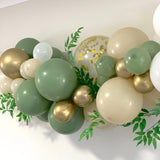Balloon arch garland rustic eucalyptus green sand gold with leaves 