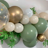 balloon arch garland kit rustic eucalyptus green sand gold and white confetti balloons