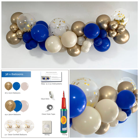 Royal Blue Sand and Gold Confetti Balloon Garland Arch DIY Kit party Plaza