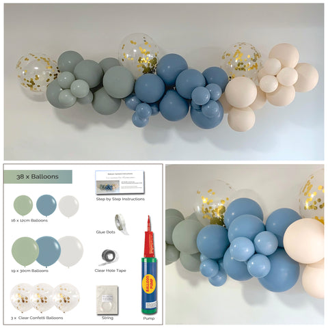 Balloon Arch Garland DIY Kit - Dusk Eucalyptus, Blue & Cream - 1.7m