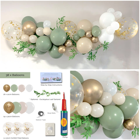 Eucalyptus Green Sand White Gold Confetti  Balloon Arch Garland  DIY Kit Party Plaza