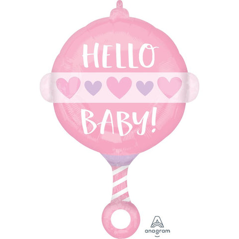 Foil Balloon - Pink Baby Rattle - 60cm - Self Sealing - Air or Helium