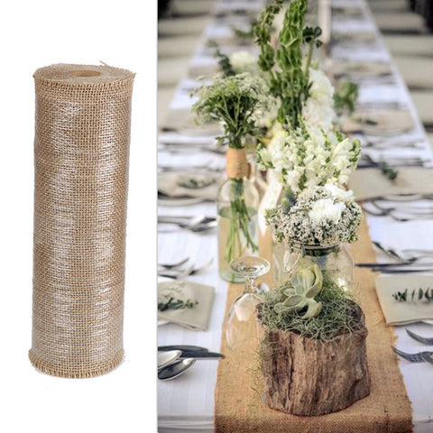 Burlap Hessian Table Runner Rustic with timber flower vases 