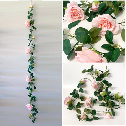 Pink Rose Garland - 2m - 9 Heads - Artificial