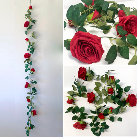 Red Rose Garland - 2m - 9 Heads - Artificial