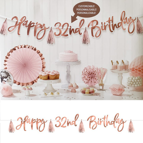 Happy Birthday - Banner Customisable Number - Blush Rose Gold - 2.74m