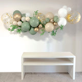 rustic balloon arch garland kit eucalyptus green sand gold and white with table 