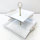 White with Gold edge 2 tier cupcake cake high tea serving stand Party Plaza