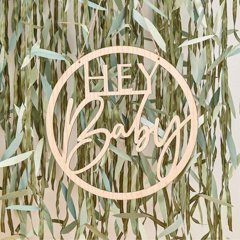 Rustic Timber Wooden Hey Baby Shower Hoop Sign Ginger Ray Party Plaza