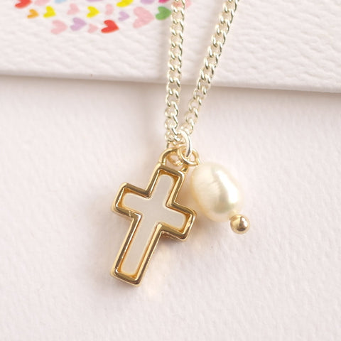 Cross Necklace - Mother of Pearl & Freshwater Pearl - 20cm