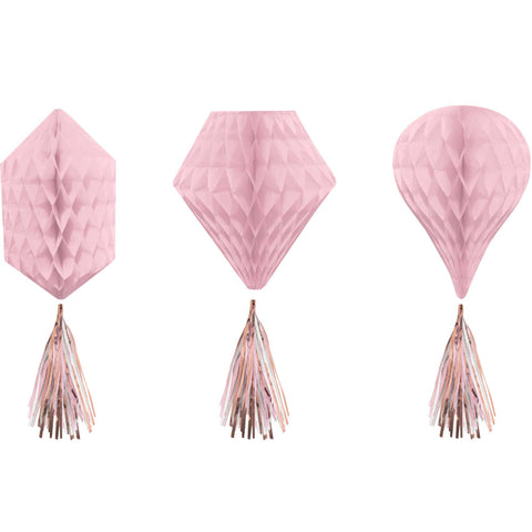 Hanging Honeycomb with Tassel Decorations - Rose Gold Blush - Set of 3