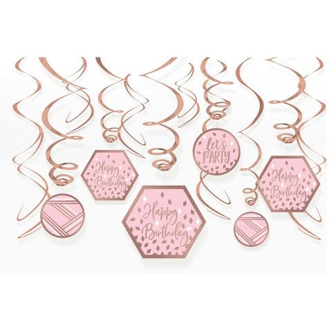 Hanging Swirls - Rose Gold Blush - Set of 12 - Happy Birthday