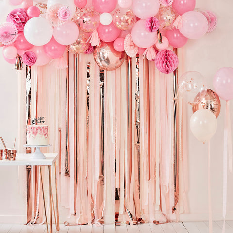 Rose Gold party Streamer Backdrop kit with balloons and fans Party Plaza Ginger Ray
